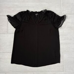 Express Blouse Black Top Short Sleeve Georgette Lace V Neck Small Ruffled Shirt